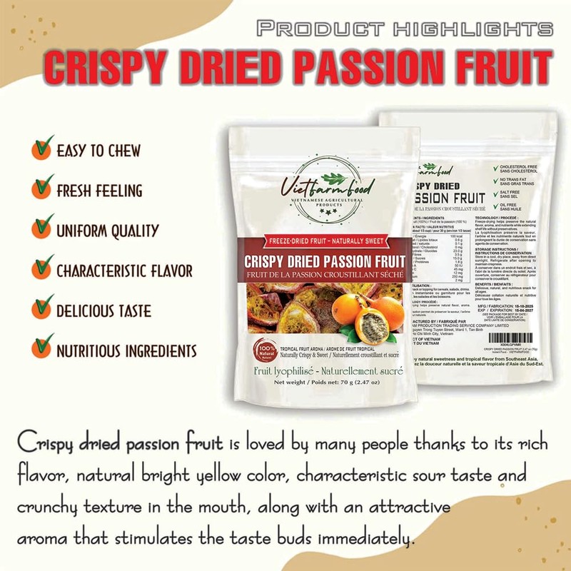 CRISPY DRIED PASSION FRUIT 2.47 oz (70g) VIETFARMFOOD: Freeze-dried, no