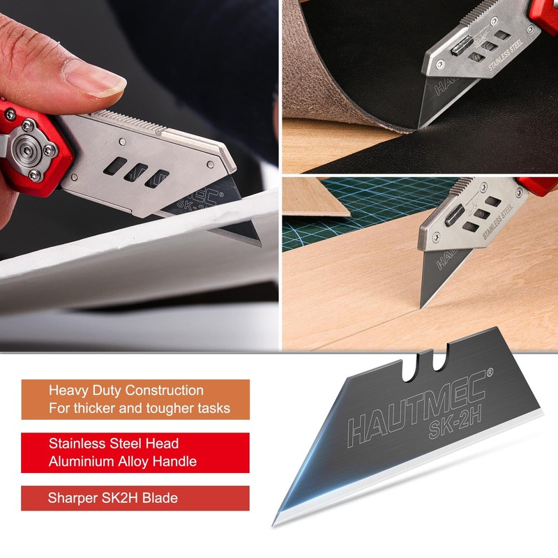 HAUTMEC Folding Utility Knife with 10-Pack SK2H Blades, Heavy-Duty Aluminum