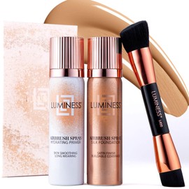 LUMINESS Silk Airbrush Spray Foundation 3-PC Kit - Foundation, Primer & Dual-Sided Makeup Brush - Buildable Coverage, Anti-Aging Formula, Humidity Resistant, Hydrates & Moisturizes, Medium Warm