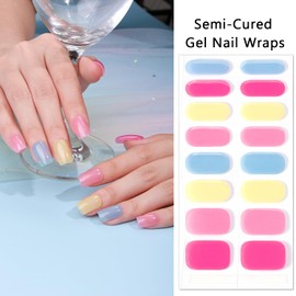 SILPECWEE Semi Cured Gel Nail Strips (Rainbow Color - 16PCS), Gel Nail Stickers Full Nail Wraps Need UV Light, Salon Quality & Easy To Use - with Prep Pads, Nail File, Wood Stick