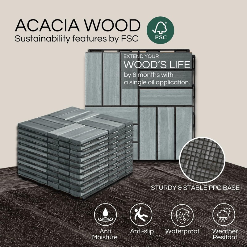 THYOI Deck Tiles, Patio Flooring - Outdoor Waterproof Acacia Wood