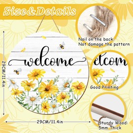 JarThenaAMCS Spring Summer Flower Welcome Door Sign Yellow White Daisy Wooden Hanging Sign Floral Bee Door Hanger Sign for Holiday Indoor Outdoor Farmhouse Home Porch Window Wall Decor