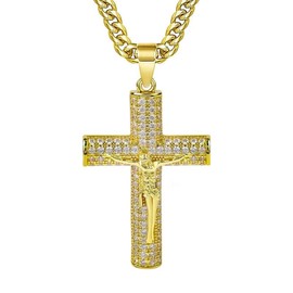 Gold-Plated Cuban Figaro Chain with Jesus Christ Crucifix, Cross Necklace for Men And Women,24 inches Long and 6mm wide