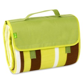 BRUBAKER Fleece Picnic Blanket with Waterproof Backing Light Green Stripes Brown White 60 x 53 Inches