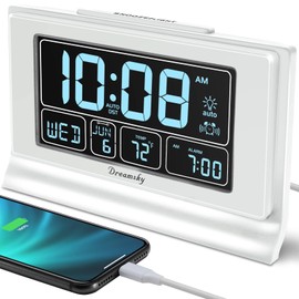 DreamSky Alarm Clocks for Bedrooms with Battery Backup, Auto Set Digital Clock with Date and Day of Week, 5 Inch Large Display with Weekday Temperature, USB Ports, Auto DST, Brightness Dimmer, 12/24H