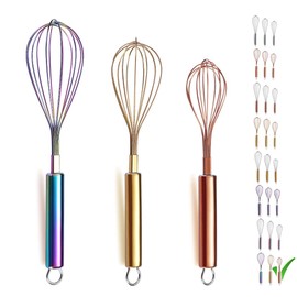 Berglander Colorful Whisk Pack of 3 Stainless Steel 8" Gold Whisks for Cooking, 10" Rose Gold Whisk, 12" Rainbow Whisk, Wire Whisk Set Kitchen Wisk (Colorful)