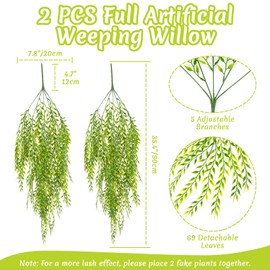 RAINFLOW 2PCS Fake Hanging Plants - Artificial Greenery for Outdoors, Long Artificial Weeping Willow Vines Fake Ivy for Shelf Wall Bathroom Classroom Porch Garden Beach Hawaiian Themed Party Decor