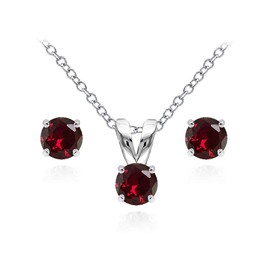 B. BRILLIANT Ruby Earrings Necklace for Women Sterling Silver 5mm Round Solitaire Red Earring Studs and Pendant Jewelry Set Bridesmaids