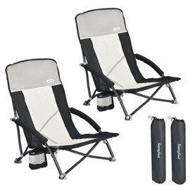 SUNNYFEEL Folding Low Camping Beach Chair 2 Pack, Lightweight Portable Lawn Chair with Mesh Back, Cup Holder for Outdoor/Travel/Picnic/Concert, Foldable Camp Backpack Chair with Carry Bag
