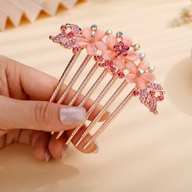 Jumwrit Crystal Flower Hair Comb Wedding Hair Clip Comb Rose Gold Long Rhinestone Floral Hair Side Comb Vintage Bride Bridesmaid Headpiece Bridal Hair Jewelry for Women Girls(Pink)