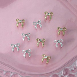 10pcs Gold Rhinestone Bow Nail Charms - 3D Metal Alloy Nail Art Accessories Cute Ribbon Bow Design Nail Gems Jewelry Sparkling Full Cover Nail Decor Charms for Manicure
