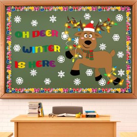 Mooliwe 67 Pcs Large Christmas Bulletin Board Set with Colorful String Lights Oh Deer Winter is Here Bulletin Boards Paper Elk Snowflakes Cutouts for Winter Xmas Holiday Chalkboard Wall Decor