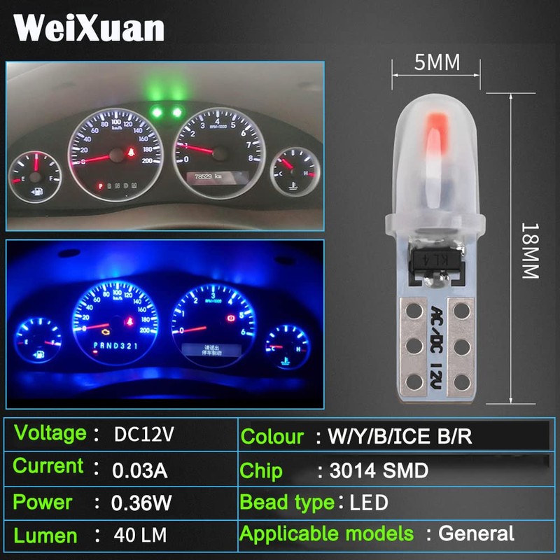 WeiXuan 10pcs DC 12V T5 LED Car Bulbs with Twist