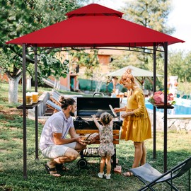 Giantex Grill Gazebo, 8ft x 5ft Grill Station with Canopy, Heavy Duty Steel Frame, 2 Side Shelves, 5 Hooks, 8 Ground Stakes, Outdoor Grill Shelter Barbecue Tent for Backyard Patio Camping (Burgundy)