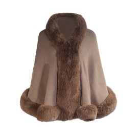 ZLYC Women Winter Faux Fur Shawl Stole Warm Wrap Cape (Khaki)