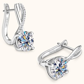 PROSTORY 2CT Moissanite Hoop Earrings for Women, D Color Lab Create Diamond Round Cut Earring 18K Gold Plated 925 Sterling Silver with GRA Certificate（Silver）