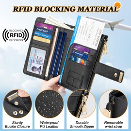 HUANLANG - Soporte para pasaporte con Airtag para mujeres/hombres, portafolios para pasaporte de piel de viaje, bloqueo RFID, pasaporte de viaje, Walelt con tarjetero de crédito, Negro -, Minimalista