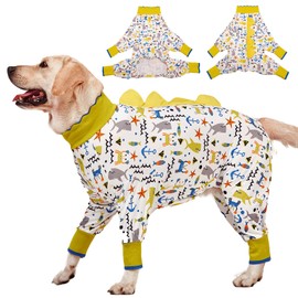 LovinPet Big Dogs Pjs, Large Dog Pajamas, Anti Licking Pet Anxiety Shirt, Surgical Recovery Onesie, Large Breed Dog Jammies, Pet PJ's,Lightweight Stretch, White Sea Life Print Dog Clothing/XXL
