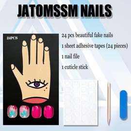 Short Press on Nails Square Fake Nails Blue Pink Flower Glue on Nails Summer Nail Art Decoration Glossy Full Cover Acrylic Nail Design Nail Kits Artificial Flower Nails for Women and Girls 24Pcs