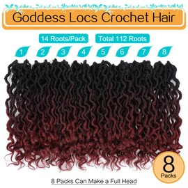 Karida Goddess Locs Crochet Hair 12 Inch, 8 Packs Faux Locs Crochet Hair For Black Women, Pre Looped Crochet Hair Goddess Locs With Curly Ends (12 Inch (Pack of 8), 1B/99j/530#)
