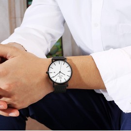 BUREI Men's Wristwatch, Simple, Stylish, Brand, Popular, Ultra-thin, Lightweight, Analog Watch, Business, Waterproof, Quartz, Men's Watch, black-white, Minimalist