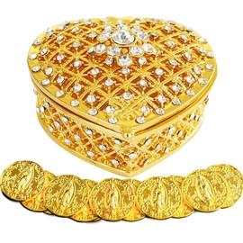 LAIAMER Wedding Arras Coins Set Arras Para Boda Catolica Arras De Boda Catolica with 13 Virgen of Guadalupe Coins and Gold Heart Shaped Box Wedding Accessories for Ceremony