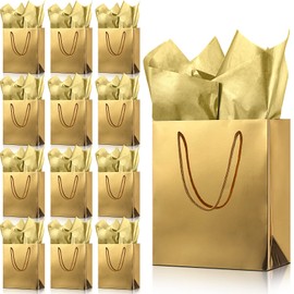 TaoBary 12 Pcs Gold Gift Bags with Tissue Paper and Handles 9 x 8 x 4 Inch Medium Metallic Tote Bags for Wedding Shopping Birthdays Baby Shower Party Favors