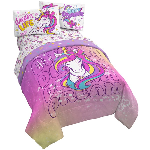 Jay Franco Nickelodeon JoJo Siwa Dream Unicorn 4 Piece Twin Bed Set - Includes Reversible Comforter & Sheet Set Bedding - Super Soft Fade Resistant Microfiber (Official Nickelodeon Product)