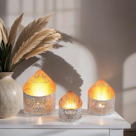 Marrakesch 3er Set Boho Deko Windlichter Yous Weiss Gold Metall/Glas | Windlicht Teelichthalter als Frühling Wohnzimmer Tisch Deko | Exquisite Kerzenständer Dekoration für Teelichter