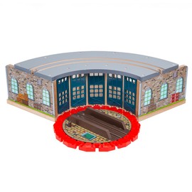 Orbrium Wooden Railway 5 Engine Bays, Rooftop Rails Full Size Roundhouse with 14-Ways Turntable Compatible with Thomas & Friends Brio Imaginarium Melissa Doug Engine Shed