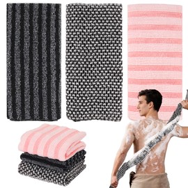 Herbbree 3Pcs Exfoliating shower towel Extra Long Japanese Towel for Men Women Specifically Designed for Back Scrubbing Cleaning Dirt and Dead Skin（Black,Grey,Pink）