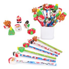 Toyland® Pack of 24 - Colouring Pencils by Noël Fantaisie with Gommes à Effacer - Modèles Divers - Remplisseurs de bas de Noël