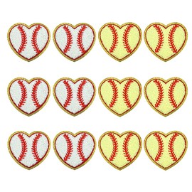 FAZHBARY 12 PCS Baseball Heart Patch White Yellow Heart Baseball Applique Chenille Iron On Patches for Decorative Clothing