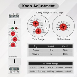 Multifunctional Delay Time Relay, GRT8-M1 Time Relay Delay with 10 Functions DIN Rail Mount AC/DC 12V~240V
