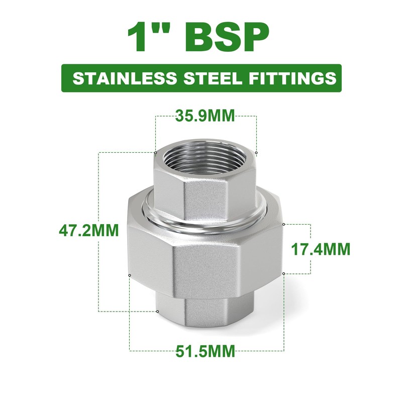 TAISHER 2 pieces 304 stainless steel union, 1 inch BSP