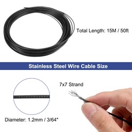 sourcing map 3/64" (1.2mm) 304 Stainless Steel Cable Wire Rope 7 x 7 Strands Core 50ft (15m) Vinyl Coated Aircraft Wire for Construction Outdoors Marine Rigging Decking Railings