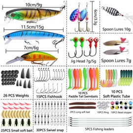 Fishing Lures Tackle Box Bass Fishing Kit,Saltwater and Freshwater Lures Fishing Gear Including Fishing Accessories and Fishing Equipment for Bass,Trout, Salmon (156pcs Fishing Lures Kit)