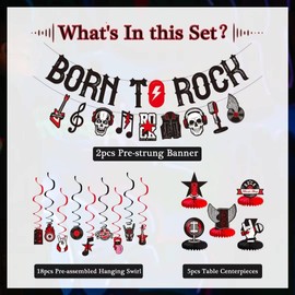 25PCS Rock and Roll Party Decorations Include Born to Rock Glitter Banner, Rock and Roll Hanging Swirls and Honeycomb Centerpieces for Birthday Baby Shower Party Supplies