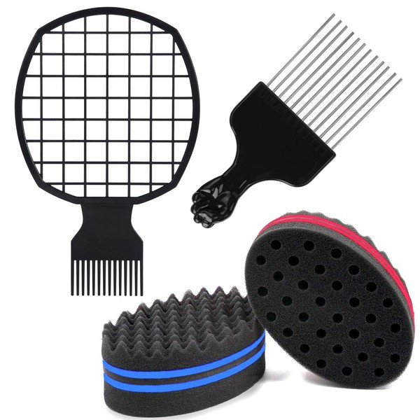 Rainmae Hair Sponge Brush for Twists,4 in 1 Afro Twist Comb Set, Afro Pick Pik Comb,Coils Wave Hair,Curls Dread Afro Hair Suitable Home and Barber