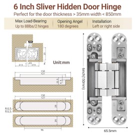 Invisible Door Hinges (2 pcs) -6 Inch Sliver Hidden Hinges for Doors, 3 Way Adjustable & 180 Deg Swing Invisible Hinge, Heavy-Duty Zinc Alloy Concealed Door Hinges 88Lbs Load-Bearing