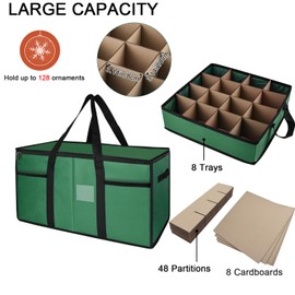 Christmas Ornament Storage Box with Dividers, Christmas Balls Storage Containers with Zipper & 8 Removable Trays, Holds Up to 128 Balls - 600D Oxford Christmas Decoration Storage Organizer, Green