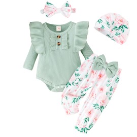 GDTOGRT Baby Girl Clothes Infant Newborn Outfits Romper Pants Cute Bow Headband Hat Sets for Baby Girls 12-18 Months - Green