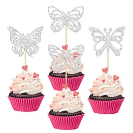 24 piezas de decoración para cupcakes de mariposa con purpurina montada en forma de mariposa hueca para nupcial, boda, compromiso, baby shower, niños, fiesta de cumpleaños, suministros de decoración de pasteles, varios estilos plateados