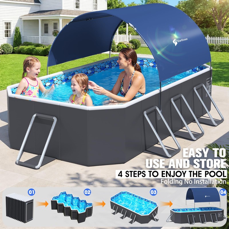 StarOcean Foldable Pool with Canopy,Non Inflatable Pool,Large Foldable Swimming Pool
