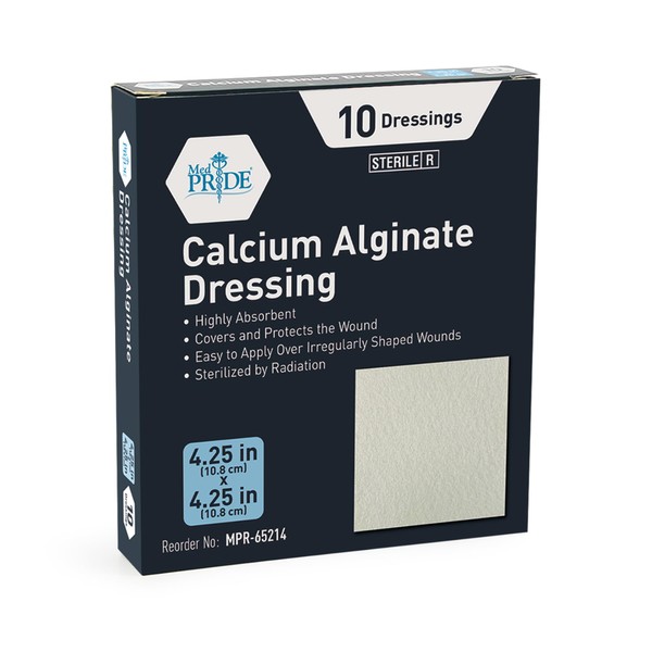MED PRIDE Calcium Alginate 4.25” x 4.25” Wound Dressing Pads| 10-Pack, Antimicrobial, Non-Stick Padding, Sterile, Highly Absorbent & Comfortable| Flexible & Gentle on The Skin, Faster Healing