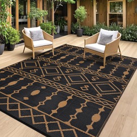 Acekool Outdoor Rug, 9x12 FT Reversible Plastic Straw Patio Camping Rugs, Waterproof Large Floor Mat and Rug for Outdoors, Outside Carpet for Rv, Deck, Camper, Picnic, Black & Brown