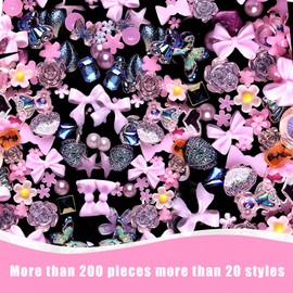 Bdfgh 200Pcs Nail Charms Pink Charms for Nails, 3D Nail Art Charms, DIY Nail Art Accessories Resin Bow Nail Char, Mixture Butterfly Nail Supplies Decorations Assorted Mixture