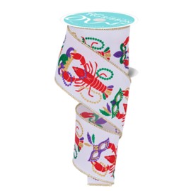 Craig Bachman 2.5" Mardi Gras Crawfish Ribbon: White (10 Yards) Durable Wired Edge for Crafting, Floral Arrangements, Gift Wrapping, and Wreath Bow Making