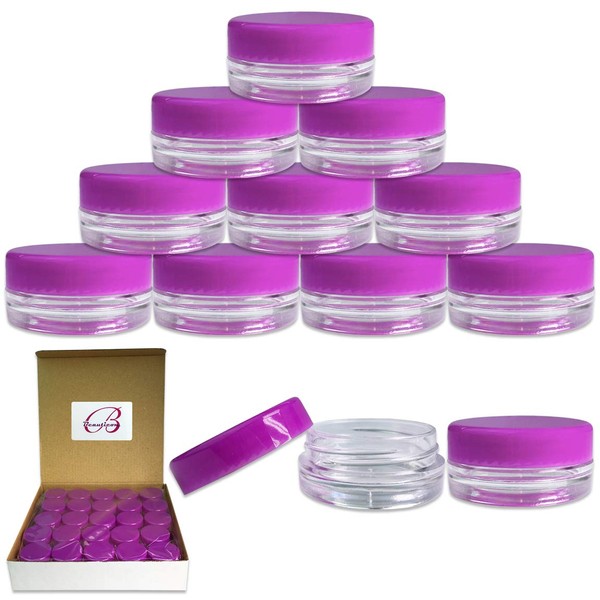 (Quantity: 50 Pieces) Beauticom 3G/3ML Round Clear Jars with PURPLE Lids for Scrubs, Oils, Toner, Salves, Creams, Lotions, Makeup Samples, Lip Balms - BPA Free