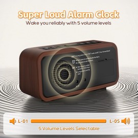 Netzu Wooden Alarm Clock, Loud Digital Plug-in Clock with 5 Volumes, 12 Ringtones, Manual DST, Snooze for Heavy Sleepers Bedroom Bedside Living Room Office Wood Decor